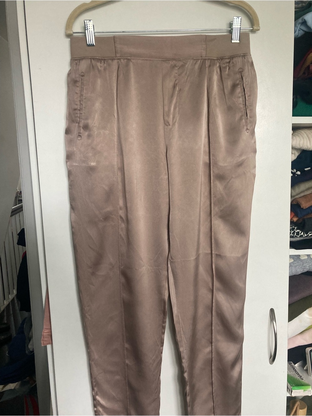 ATM High Waist pull on Silk Satin Dress Pants tan beige straight leg size S